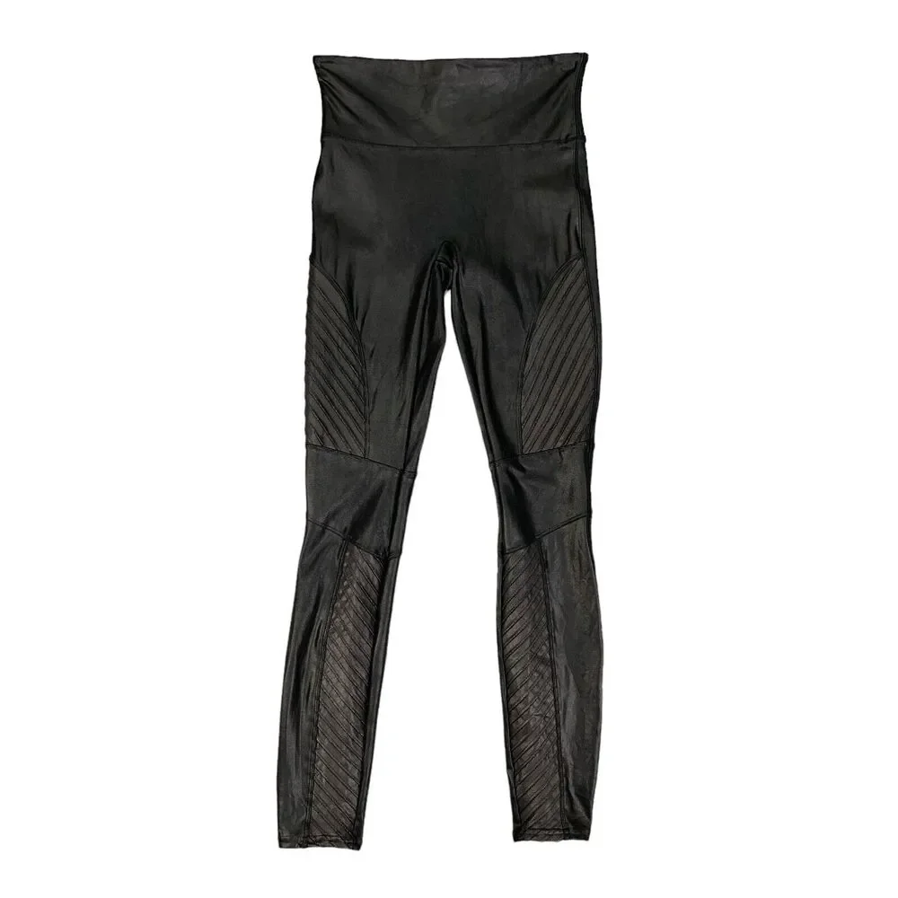 Spanx Leggings Women S Small Black Coated Faux Leather Moto Pull On Ribbed Panel